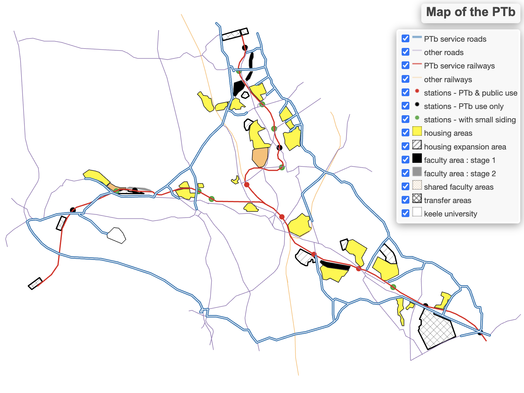 Map of the PTb showing main routes, transfer, faculty and housing areas